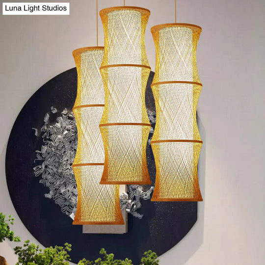 Wood Fish Trap Pendant Lamp With Rattan Shade - Asian 1-Light Ceiling Lighting