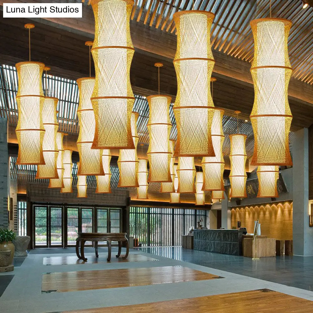 Wood Fish Trap Pendant Lamp With Rattan Shade - Asian 1-Light Ceiling Lighting