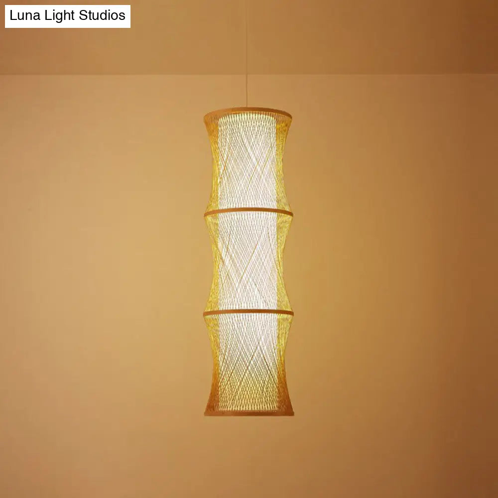 Wood Fish Trap Pendant Lamp With Rattan Shade - Asian 1-Light Ceiling Lighting