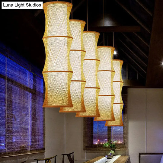 Wood Fish Trap Pendant Lamp With Rattan Shade - Asian 1-Light Ceiling Lighting