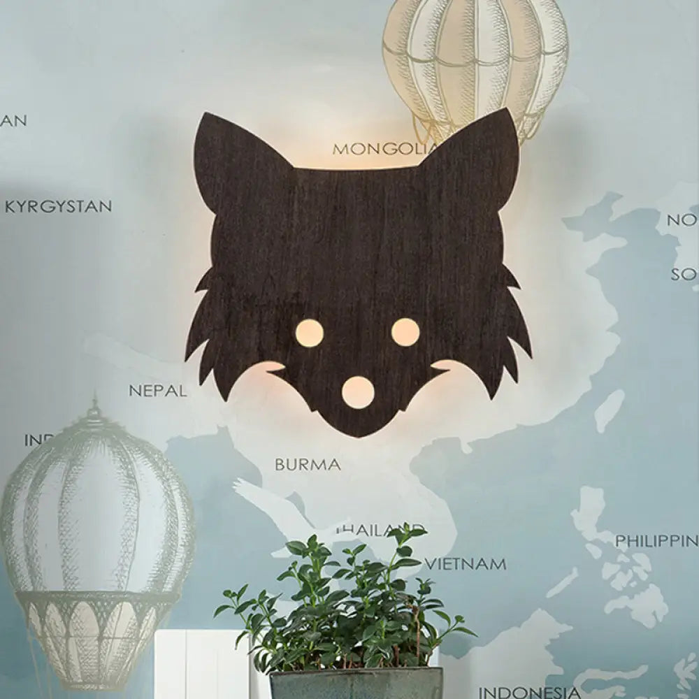 Wood Fox Wall Mount Lamp - Kids Black Led Flush Sconce For Bedroom With Warm/White Light / White