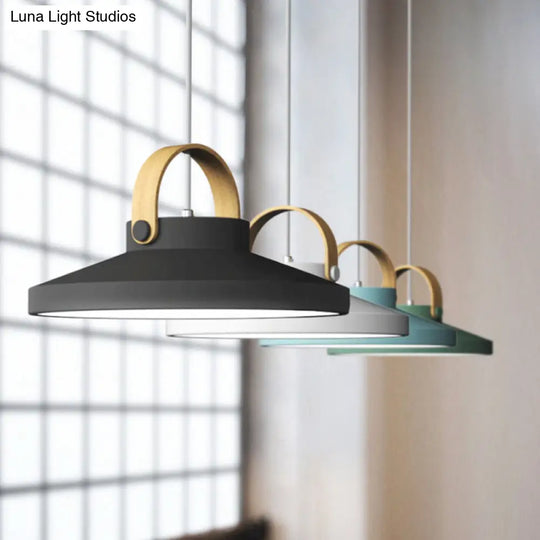 Wood-Handled Pot Lid Pendant Light In Green/Black/White - Nordic Iron Design With Led Suspension