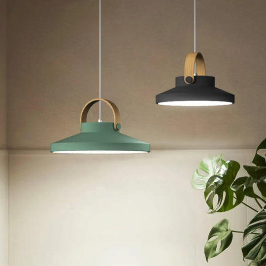 Wood-Handled Pot Lid Pendant Light In Green/Black/White - Nordic Iron Design With Led Suspension