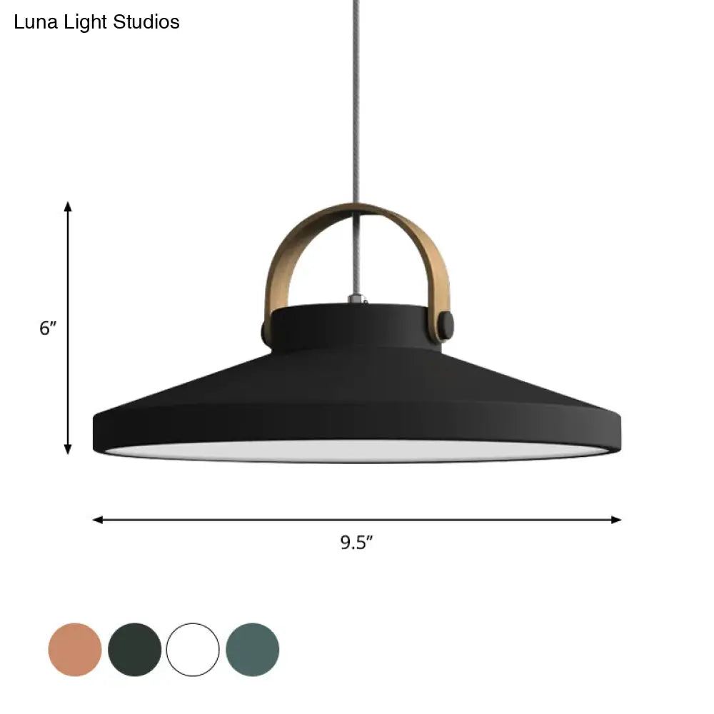 Wood-Handled Pot Lid Pendant Light In Green/Black/White - Nordic Iron Design With Led Suspension