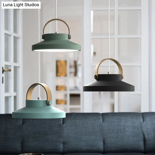 Wood-Handled Pot Lid Pendant Light In Green/Black/White - Nordic Iron Design With Led Suspension