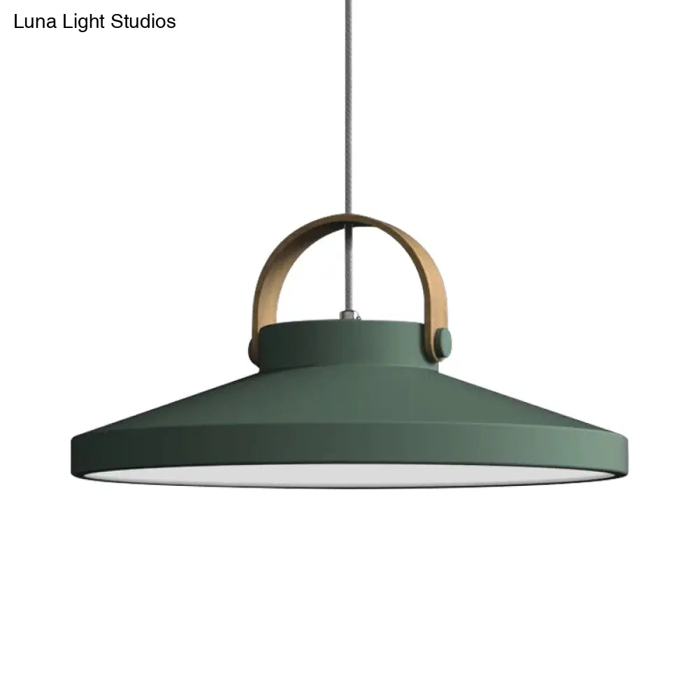 Wood-Handled Pot Lid Pendant Light In Green/Black/White - Nordic Iron Design With Led Suspension