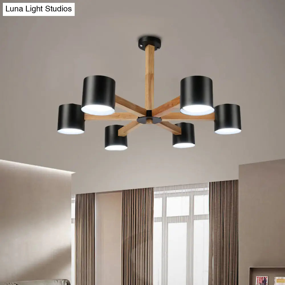 Wood & Iron Nordic Pendant Light With Drum Shade For Study Room In Black/White