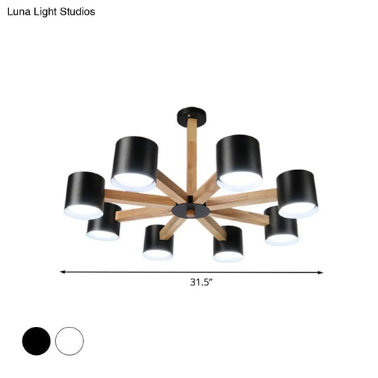 Wood & Iron Nordic Pendant Light With Drum Shade For Study Room In Black/White