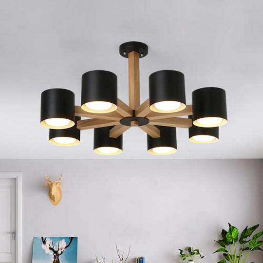 Wood & Iron Nordic Pendant Light With Drum Shade For Study Room In Black/White 8 / Black