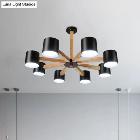 Wood & Iron Nordic Pendant Light With Drum Shade For Study Room In Black/White