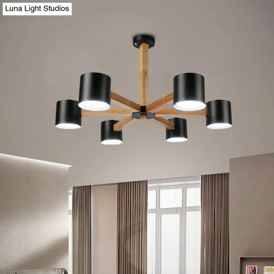 Wood & Iron Nordic Pendant Light With Drum Shade For Study Room In Black/White