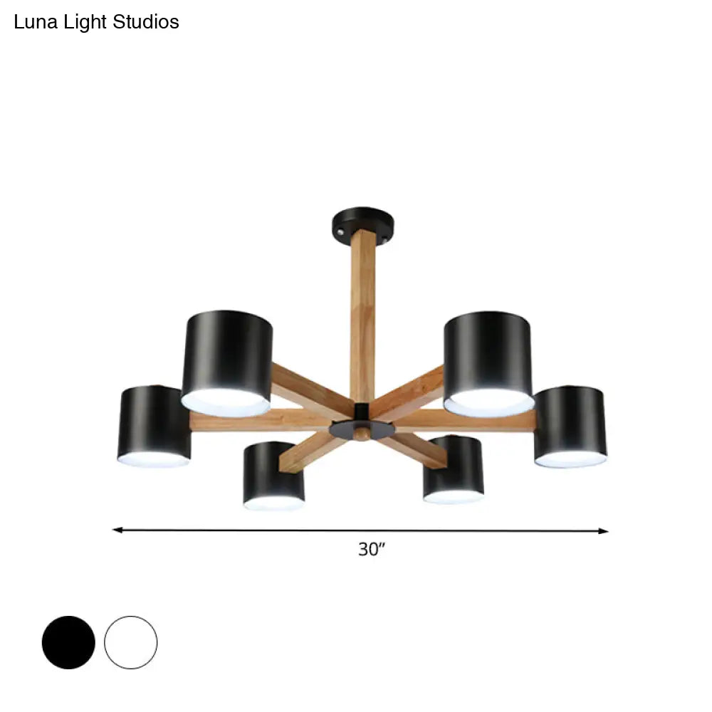 Nordic Style Wood And Iron Drum Shade Chandelier Pendant Light For Study Room In Black/White
