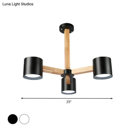 Wood & Iron Nordic Pendant Light With Drum Shade For Study Room In Black/White