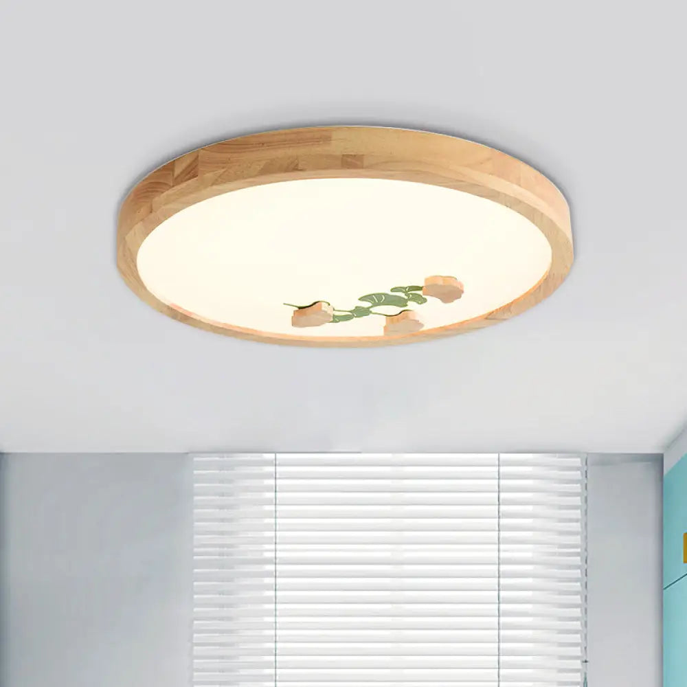 Wood Led Flushmount Ceiling Lamp With Ginkgo Leaf On Circle Design - Ideal For Bedroom Lighting