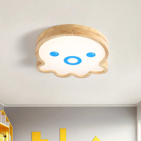 Wood Led Octopus Flushmount Lamp - Little Cartoon Style In Warm/White Light / Warm