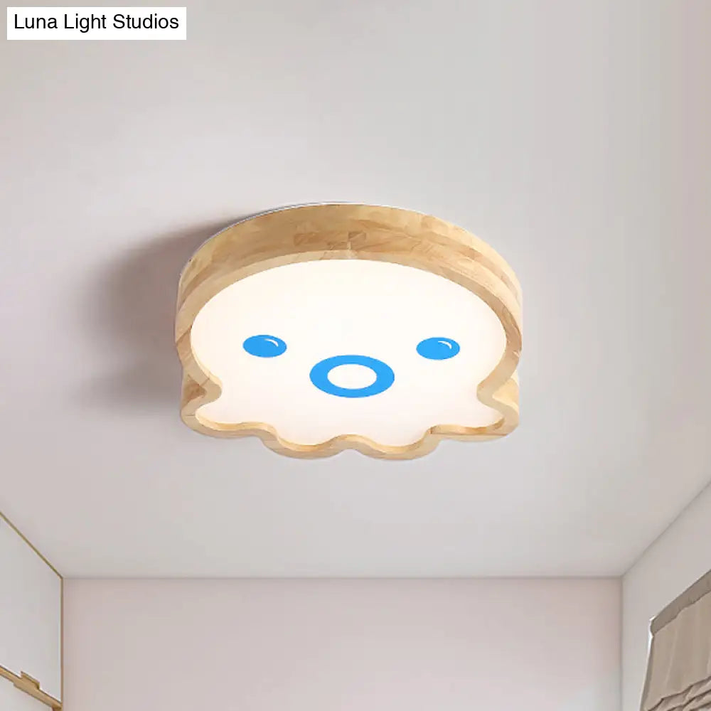 Wood Led Octopus Flushmount Lamp - Little Cartoon Style In Warm/White Light