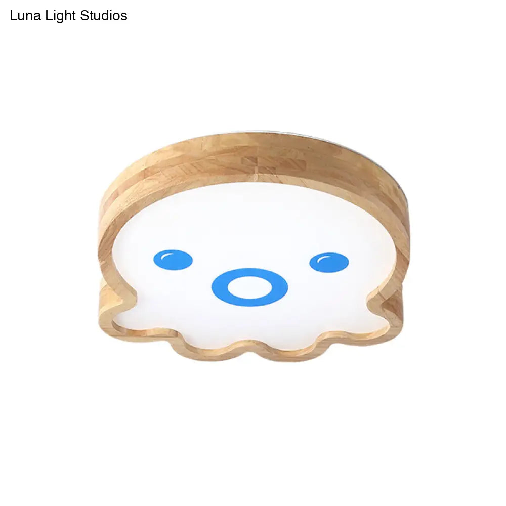 Wood Led Octopus Flushmount Lamp - Little Cartoon Style In Warm/White Light