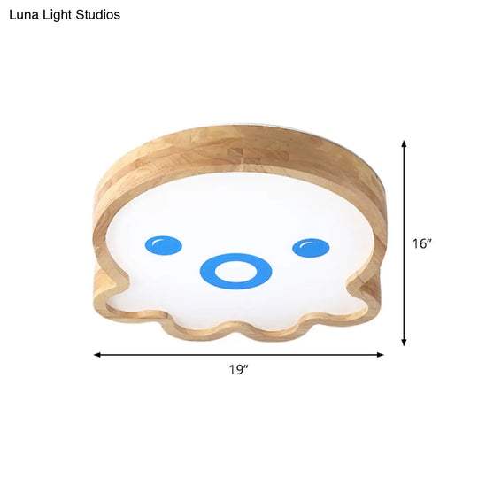 Wood Led Octopus Flushmount Lamp - Little Cartoon Style In Warm/White Light