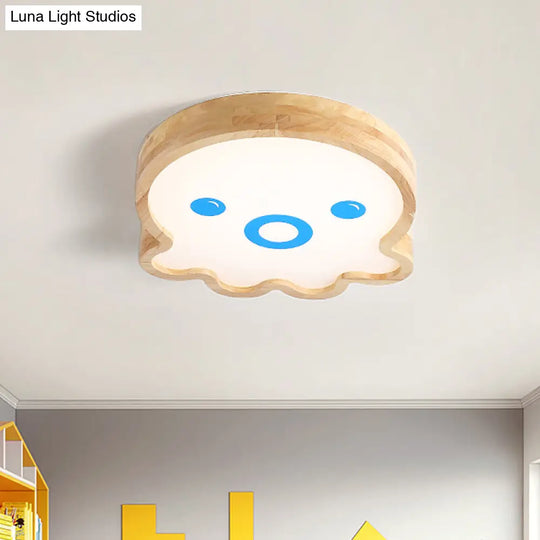 Wood Led Octopus Flushmount Lamp - Little Cartoon Style In Warm/White Light / Warm