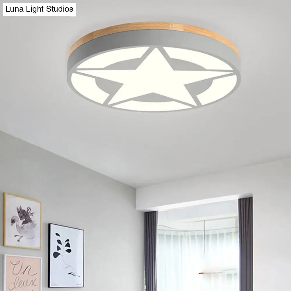 Wood Led Star Flush Mount Ceiling Light With Acrylic Shade For Boys Bedroom Modern Style Grey /