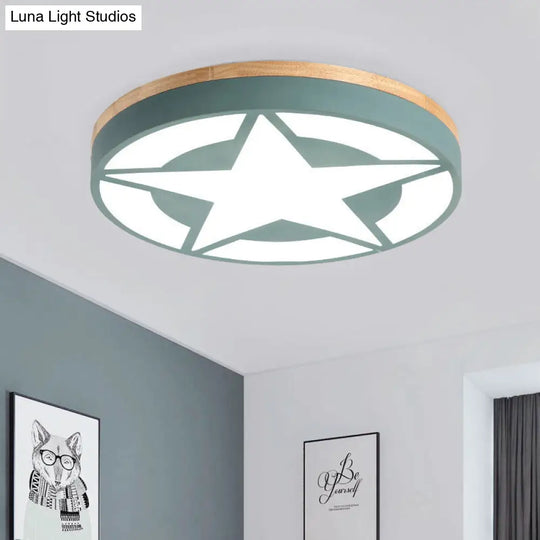 Wood Led Star Flush Mount Ceiling Light With Acrylic Shade For Boys Bedroom Modern Style Green /