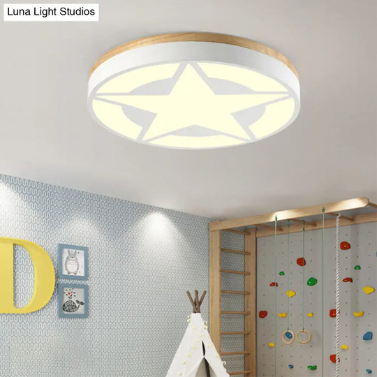 Wood Led Star Flush Mount Ceiling Light With Acrylic Shade For Boys Bedroom Modern Style White /