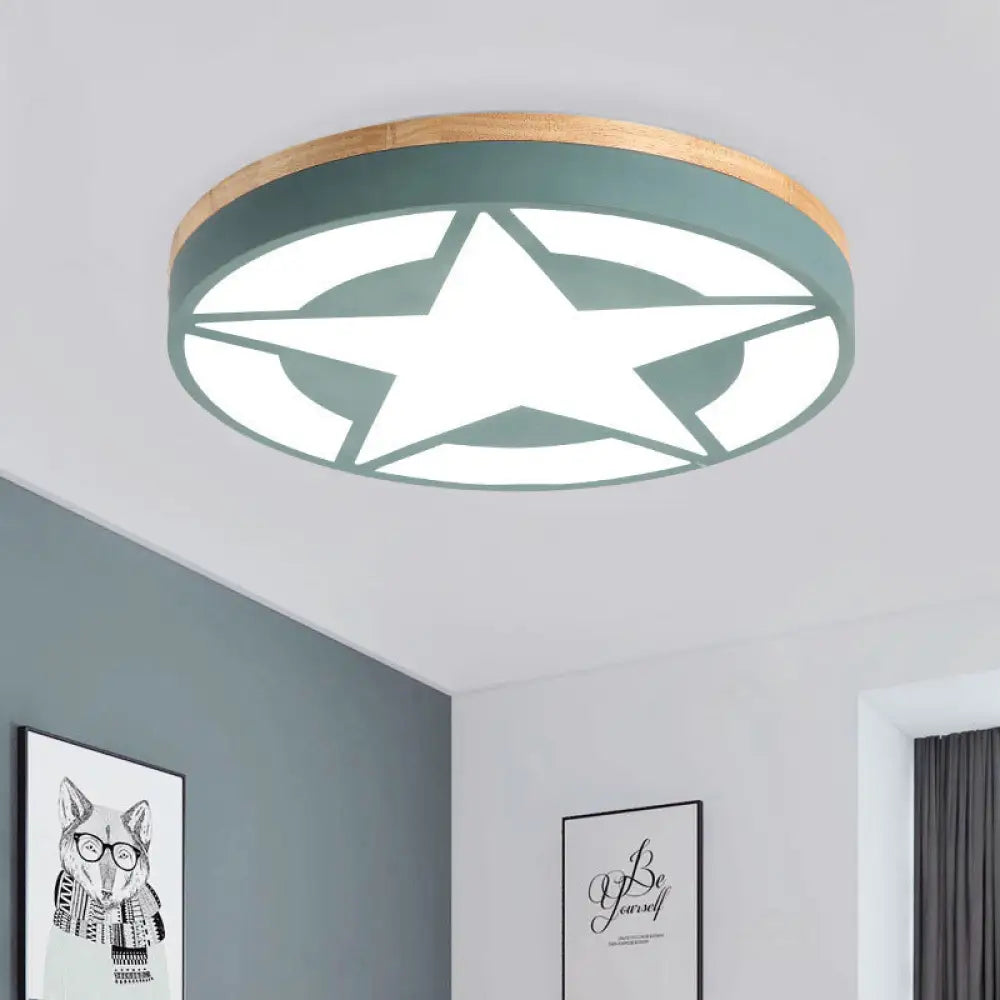Wood Led Star Flush Mount Ceiling Light With Acrylic Shade For Boys Bedroom – Modern Style Green