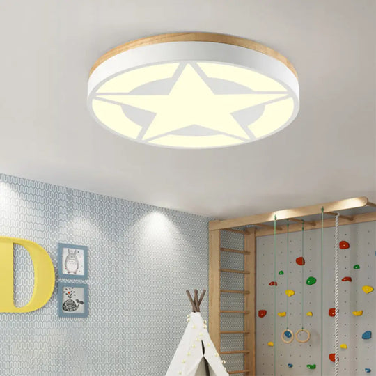 Wood Led Star Flush Mount Ceiling Light With Acrylic Shade For Boys Bedroom – Modern Style White /
