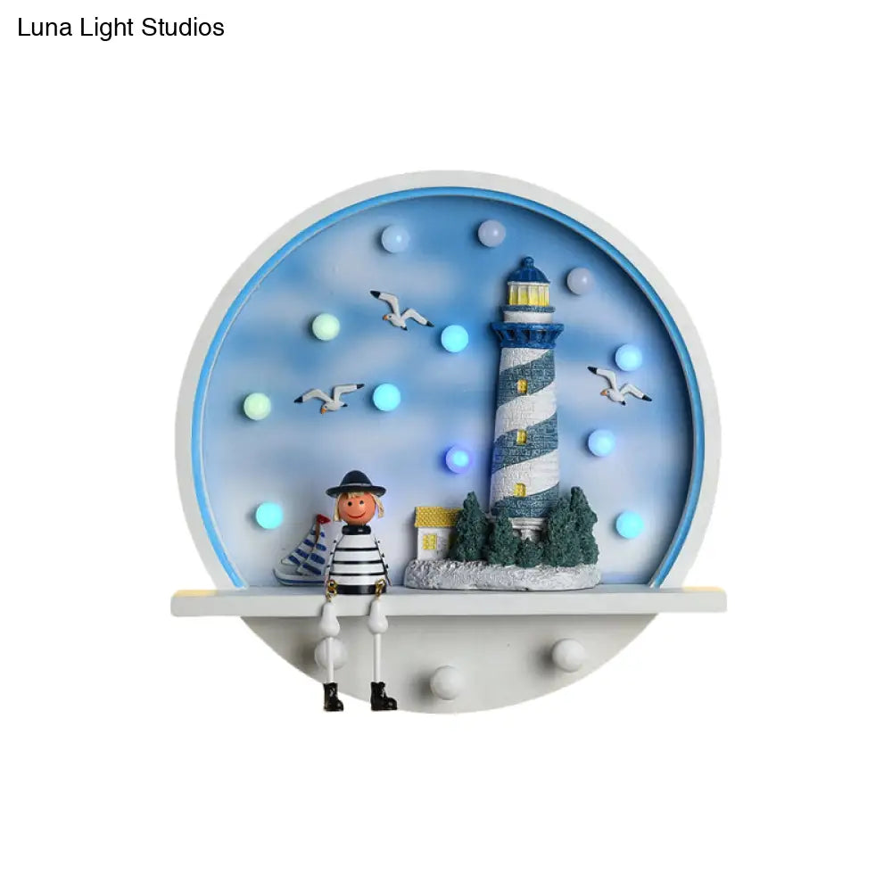 Wood Lighthouse Wall Sconce - Kids Led Round Light In White & Blue White/3 Color