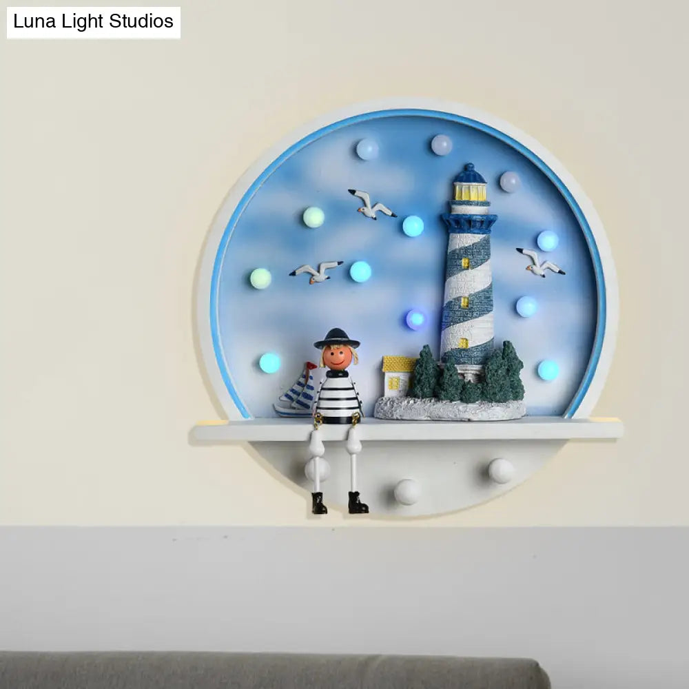 Wood Lighthouse Wall Sconce - Kids Led Round Light In White & Blue White/3 Color