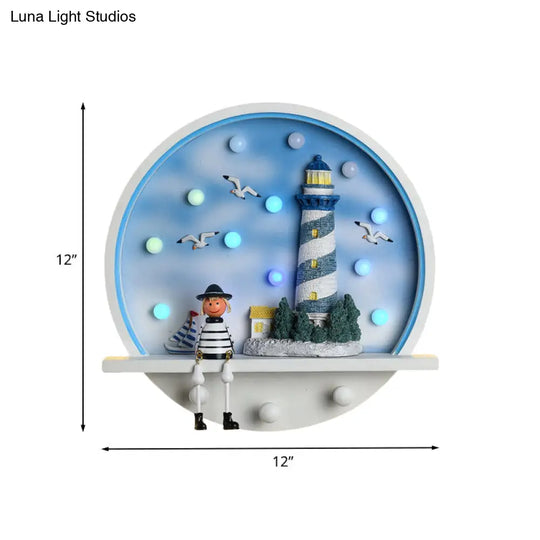 Wood Lighthouse Wall Sconce - Kids Led Round Light In White & Blue White/3 Color