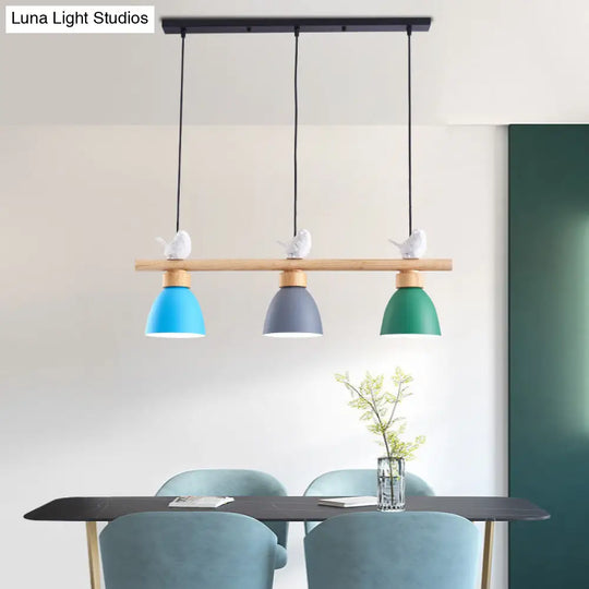 Wood & Metal Macaron Bowl Pendant Light With 3 Lights For Island Electric Socket