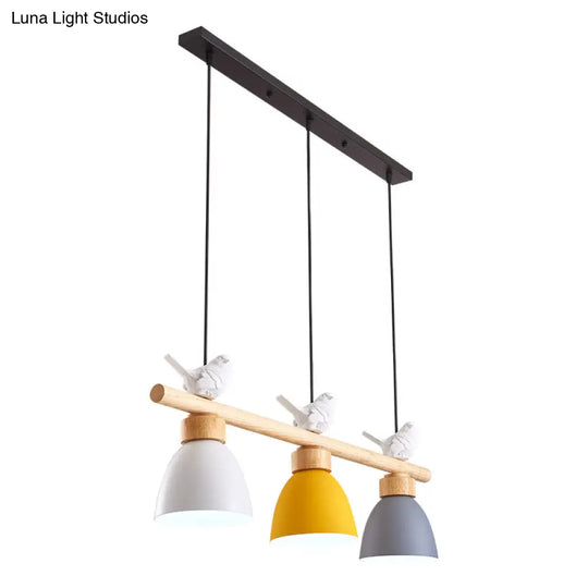 Wood & Metal Macaron Bowl Pendant Light With 3 Lights For Island Electric Socket