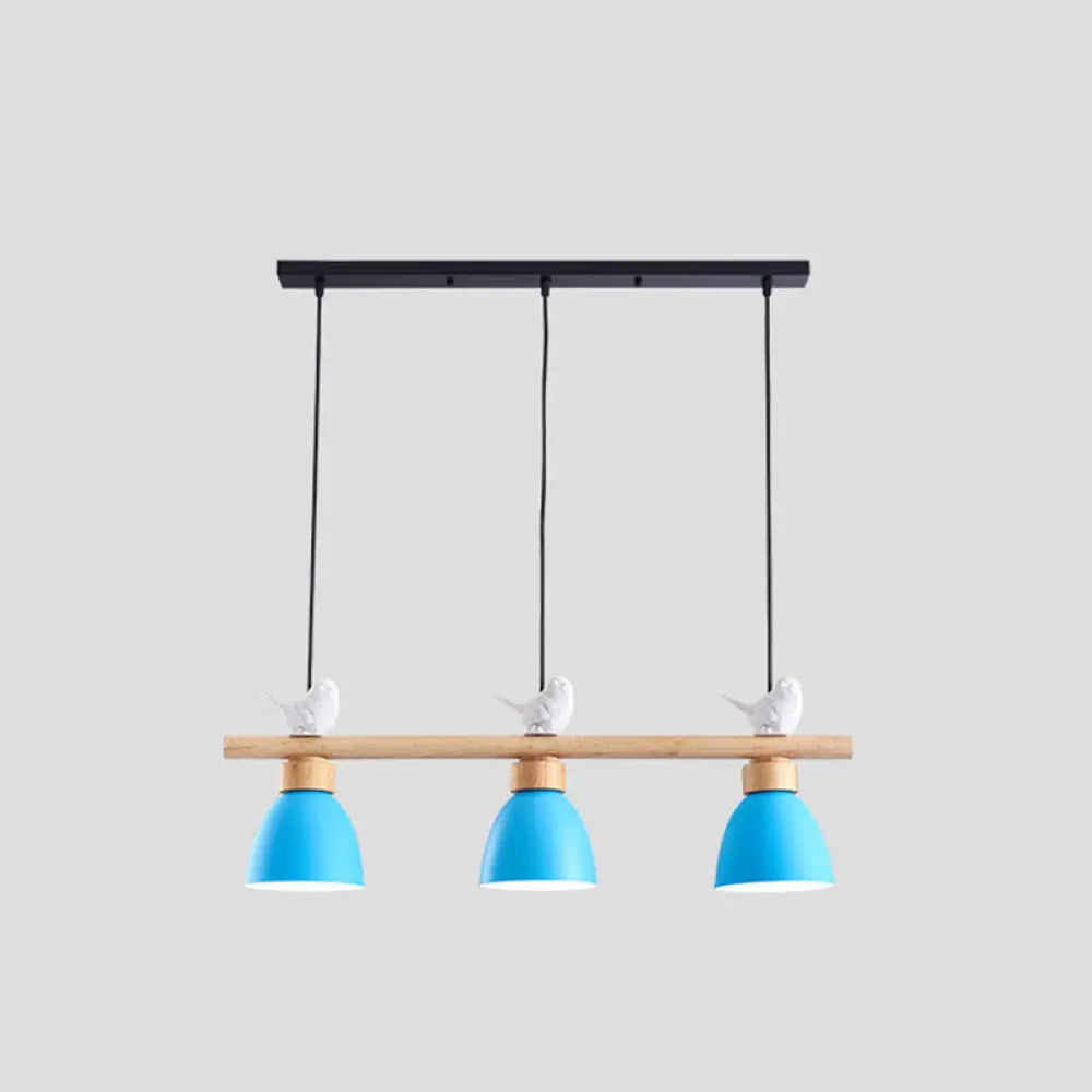 Wood & Metal Macaron Bowl Pendant Light With 3 Lights For Island Electric Socket Blue