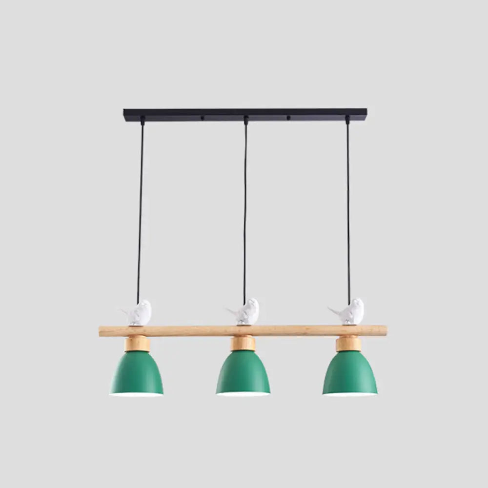 Wood & Metal Macaron Bowl Pendant Light With 3 Lights For Island Electric Socket Green