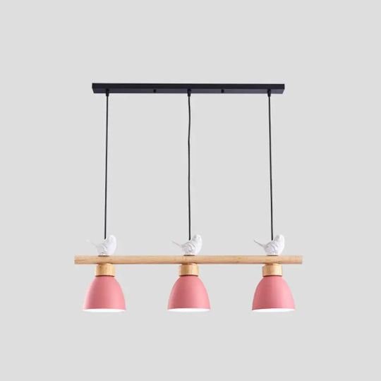 Wood & Metal Macaron Bowl Pendant Light With 3 Lights For Island Electric Socket Pink