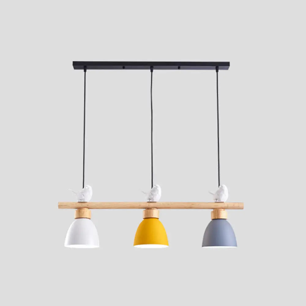 Wood & Metal Macaron Bowl Pendant Light With 3 Lights For Island Electric Socket White-Yellow