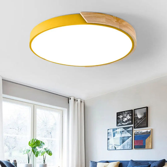 Wood Minimalist Rounded Flush Ceiling Light - 1 - Light Flush - Mount Fixture Yellow / 9’