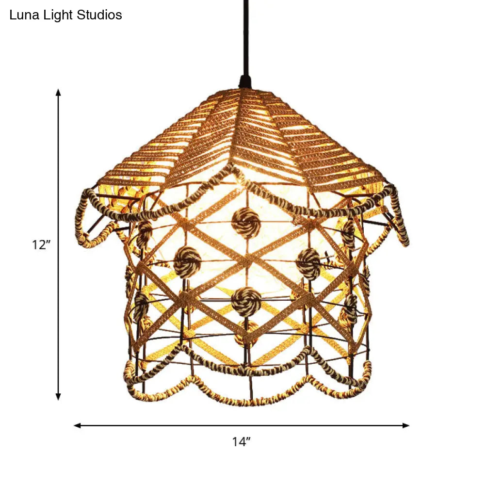 Asian Wood Tearoom Ceiling Light With Bamboo Shade - 1 Bulb Pendant Fixture