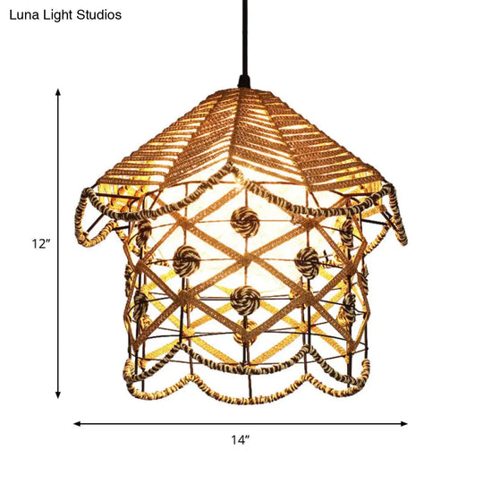 Asian Wood Tearoom Ceiling Light With Bamboo Shade - 1 Bulb Pendant Fixture