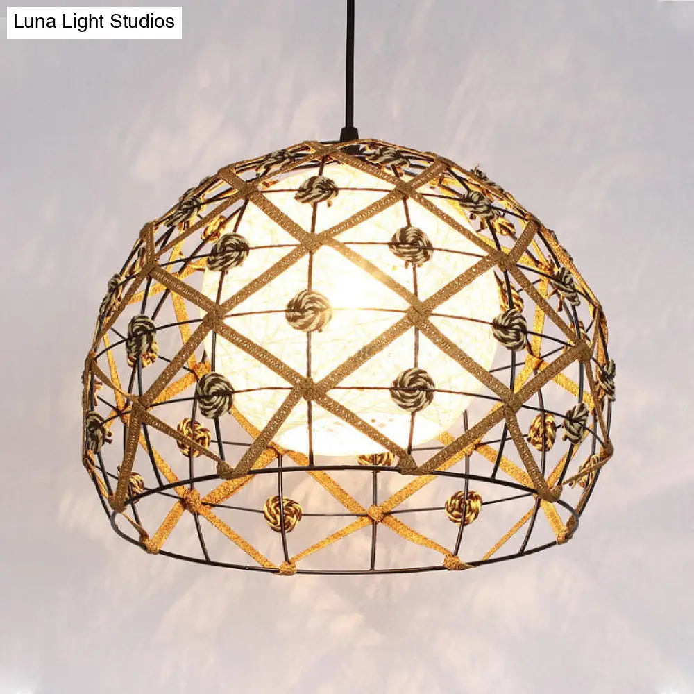 Asian Wood Tearoom Ceiling Light With Bamboo Shade - 1 Bulb Pendant Fixture / Semicircle