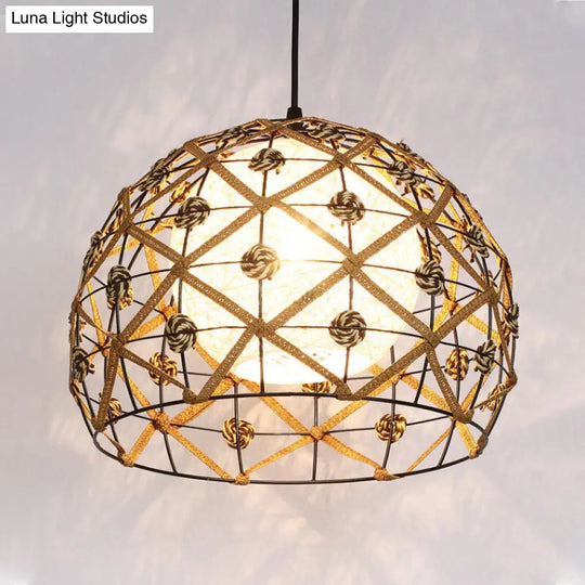 Asian Wood Tearoom Ceiling Light With Bamboo Shade - 1 Bulb Pendant Fixture / Semicircle