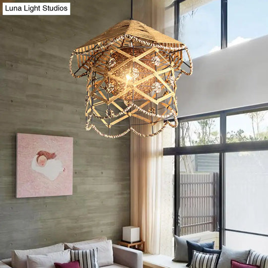 Wood Pendant Ceiling Light With Asian-Inspired Bamboo Shade