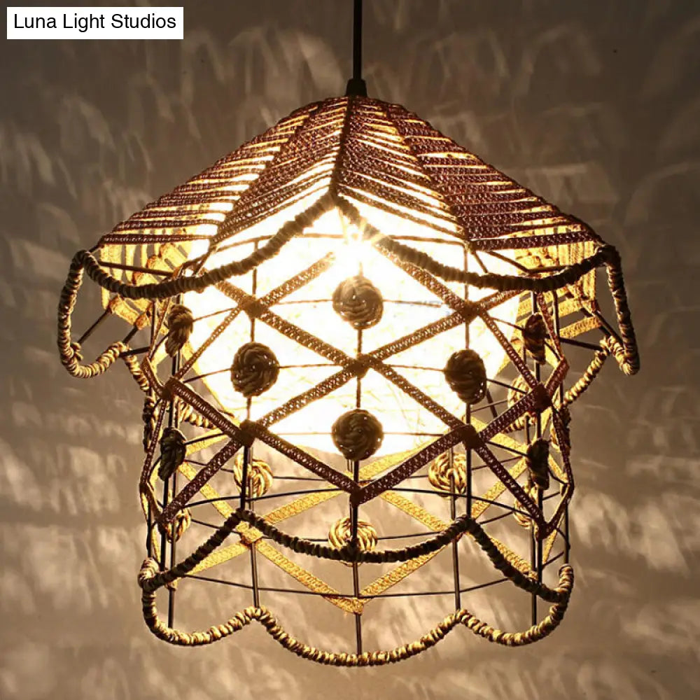 Asian Wood Tearoom Ceiling Light With Bamboo Shade - 1 Bulb Pendant Fixture