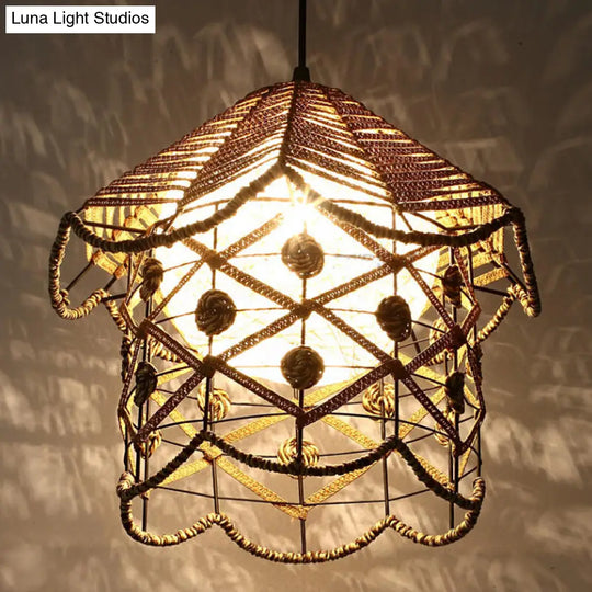 Asian Wood Tearoom Ceiling Light With Bamboo Shade - 1 Bulb Pendant Fixture