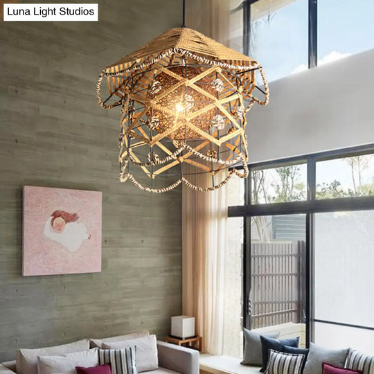 Asian Wood Tearoom Ceiling Light With Bamboo Shade - 1 Bulb Pendant Fixture