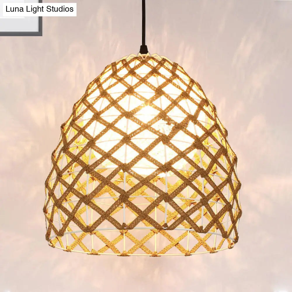 Asian Wood Tearoom Ceiling Light With Bamboo Shade - 1 Bulb Pendant Fixture / Oval