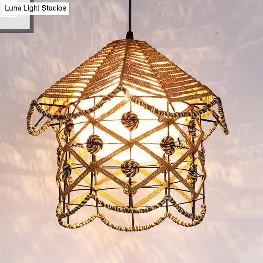 Asian Wood Tearoom Ceiling Light With Bamboo Shade - 1 Bulb Pendant Fixture / House