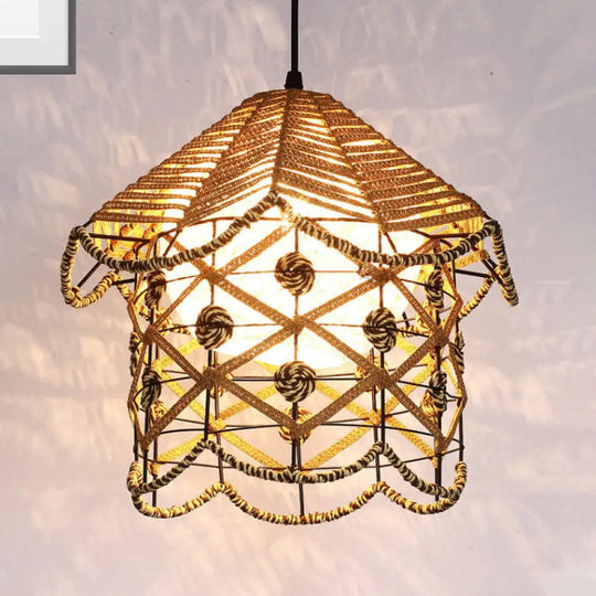 Wood Pendant Ceiling Light With Asian-Inspired Bamboo Shade / House