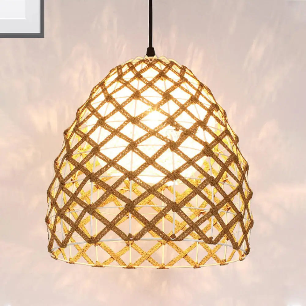 Wood Pendant Ceiling Light With Asian-Inspired Bamboo Shade / Oval